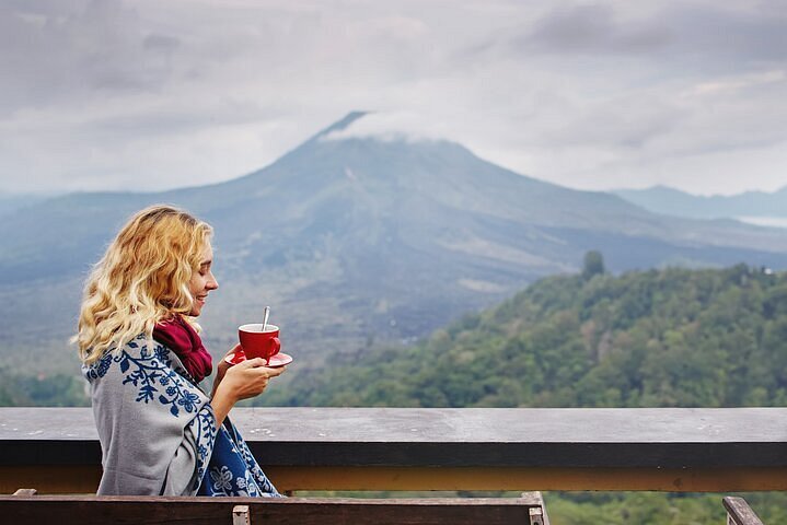 Panoramic view of Mount Batur active volcano and Lake Batur in Kintamani Bali